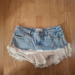 Free People Blue and White Frayed Jean Shorts